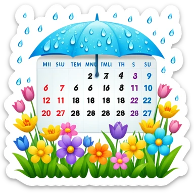 April 2024 calendar with spring flowers and raindrops sticker