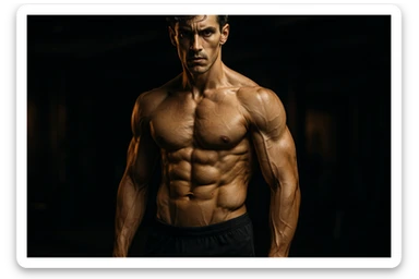 bodybuilding è lo sport simbolico della vemenza, forza, potenza, estetica, iperrealistico cinematografico 4k, l'uomo non farlo troppo muscoloso, ma slim sticker