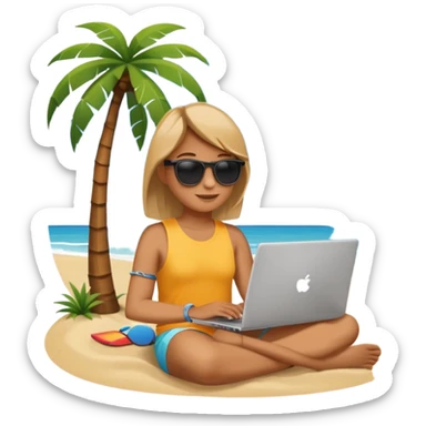 A minimalist emoji-style icon: A gender-neutral person sitting with a laptop on the beach. A palm tree nearby, sun and sea in the background. Relaxed, summery atmosphere. Simplified shapes, no detailed facial features, clean emoji-like design. sticker