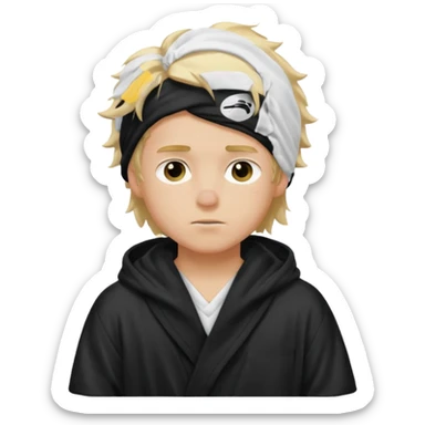 Create a blond boy with long, messy hair, light eyes, a white t-shirt, rich, with long hair, blue eyes, medium-length, voluminous hair, wearing a black Nike bathrobe and a little blush near his nose. and with a  balaclava, but showing her hair. sticker