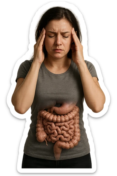 donna con intestino umano realisticoù che si tiene le mani sulle tempie, espressione stanca, iperrealistica 4k sticker
