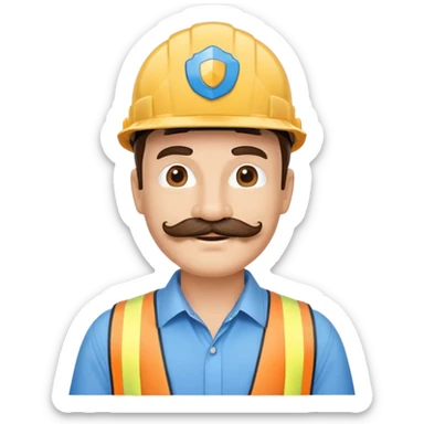 Business owner, well dressed, blue shirt, mustache, construction protection hat, happy sticker