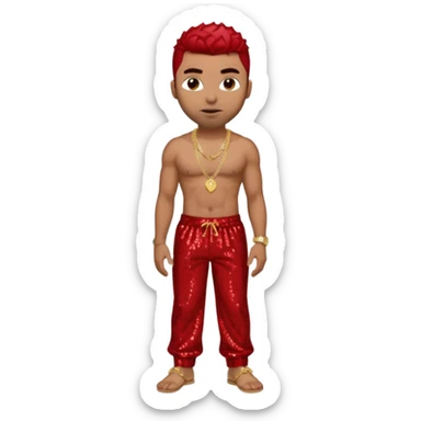 Ginuwine with red sequin baggy pants, shirtless with necklace, dark brown hair sticker