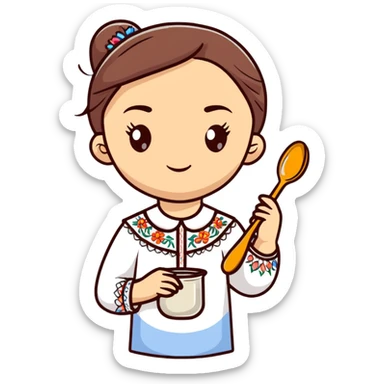 Ukrainian young girl in a white embroidered traditional shirt holding cooking tools like spoon and ladle sticker