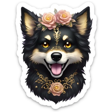 Black iridescent fluffy dog fox head zombie skeleton gold mechanical nebula galaxy stars flowers fairy lights vintage sticker