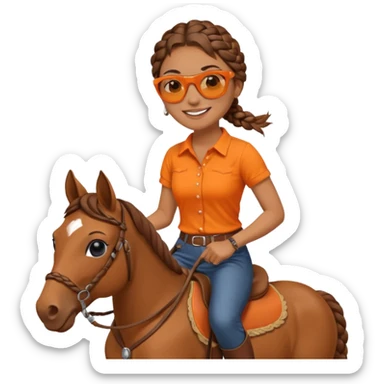 smiling woman with braided hair, sunglasses, orange shirt, riding a horse, cheerful and expressive emoji sticker