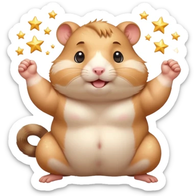 Cute chubby cartoon-style hamster flexing tiny arms like a bodybuilder, sparkles around it, triumphant expression. Painterly shading, white background, sticker-style illustration. sticker