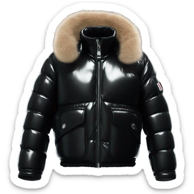 short shiny black moncler jacket with fur reflecting latex sticker