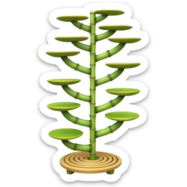 Very Large alien-futuristic multi-tier multi-level curved spiral step plant rack, which holds twenty five constructed from 7/8ths of an inch thin vining bamboo poles  sticker