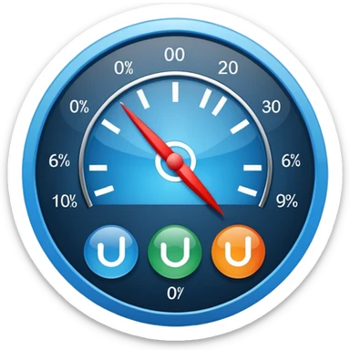 KPI dashboard icon, blue circular chart, 92% in center, two small indicators, glossy rounded minimal sticker