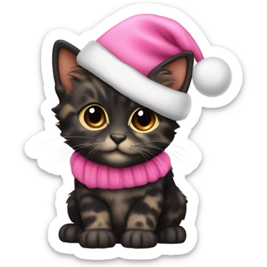 Cute mostly black tortoiseshell kitten wearing a pink Santa hat and coat sticker