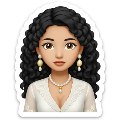 tan skin women, with black long Curly hair, wear white kebaya , and little pearl earring sticker