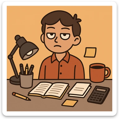 flat toon style person rolling their eyes, unimpressed, surrounded by office supplies sticker