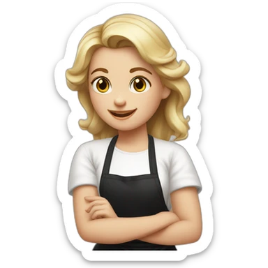 Slavic girl in a white T-shirt and black apron waves her right hand and smiles sticker