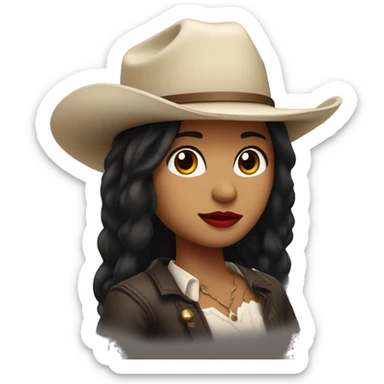 straight black hair,red lipstick,hazel eyes, white skin, a small nose and a cowboy hat  sticker