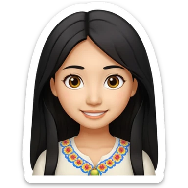 30 yr old asian woman center parted hair big eyes big smile tanned skin straight black hair hippie part hair white blouse sticker