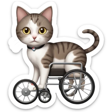 full body small short hair dark brown and white cat with hazel eyes walking in a wheelchair for cats sticker