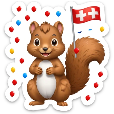 squirrel with Swiss flag, confetti raining down, emoji style sticker