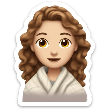 white girl with brown wavy hair cozy in blanket sticker