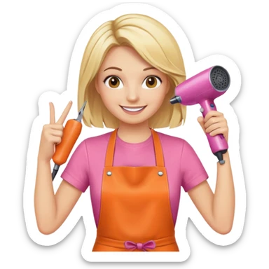 blonde female hairstylist smiling, pink t-shirt, orange apron, hands up, holding scissors and hairdryer clearly shown sticker