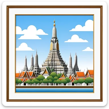 Cinematic Realistic Wat Arun Landmark Emoji, depicting the towering temple spires adorned with intricate porcelain mosaics sticker