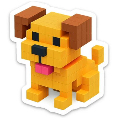 <SystemPrompt>
                <Style>
                  <Name>Voxel Emoji Art</Name>
                  <Description>A playful, isometric voxel style that mimics pixel art in 3D, commonly used for emojis, UI icons, and symbols. Rendered with bright, vibrant colors and no shadows.</Description>
                  <VisualRules>
                    <Geometry>
                      <BaseUnit>Cube</BaseUnit>
                      <GridAlignment>Isometric</GridAlignment>
                      <VoxelSize>Consistent</VoxelSize>
                    </Geometry>
                    <Color>
                      <Palette>Vivid and High Saturation</Palette>
                      <Gradient>Allowed on faces for subtle lighting</Gradient>
                    </Color>
                    <Lighting>
                      <Style>Soft studio lighting</Style>
                      <Shadows>Subtle ambient shadows</Shadows>
                    </Lighting>
                    <Detailing>
                      <Outline>None</Outline>
                      <Texture>Flat color (no texture noise)</Texture>
                      <Effects>None</Effects>
                    </Detailing>
                  </VisualRules>
                </Style>
                <Generation>
                  <PromptTemplate>
                    <![CDATA[
                      Render a voxel-style 3D illustration of a {subject}, using bright colors and blocky pixelated geometry. The object should appear playful and clean, similar to emoji aesthetics, with no shadows and no outlines. Lighting should enhance the 3D depth without harsh contrast.
                    ]]>
                  </PromptTemplate>
                </Generation>
              </SystemPrompt>
              {subject} = dog sticker