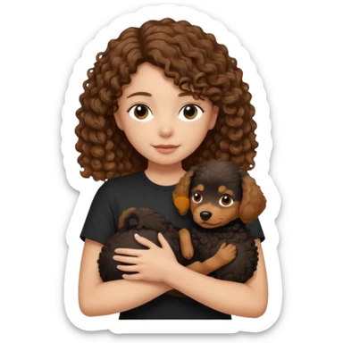A girl with shoulder-length hair, dressed in a black tee, gently holding a curly-haired brown dog in her arms." sticker