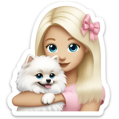 Blond girl white skin blue eyes hugging white Pomeranian with light pink bow sticker