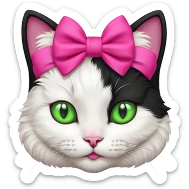 A black and white cat with green eyes she has a hot pink bow on her head  sticker