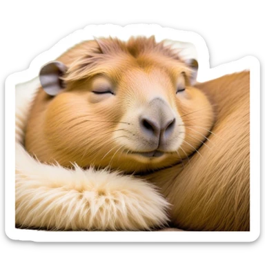 Meme-Worthy Cute Sleeping Capybara Portrait Emoji, Head resting peacefully with a contented smile, showcasing luxuriously soft, fluffy fur and a characteristic capybara head with a broad snout and small, gentle ears, with eyes gently closed in serene slumber, Simplified yet hilariously adorable features, highly detailed, glowing with a soft, drowsy natural light, high shine, relaxed and utterly lovable, stylized with an air of playful laziness, bright and heartwarming, soft glowing outline, capturing the essence of a sleeping capybara that feels destined to become the next viral sensation of adorable rest! sticker