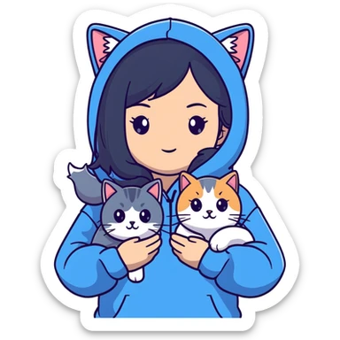 Girl with black hair in gray hoodie with a British shorthair blue and white cat and a long-haired blue and white cat sticker
