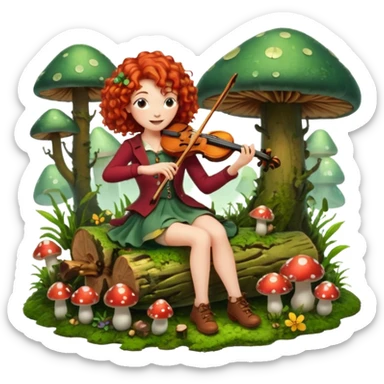 forest sticker character, curly red-haired woman playing violin on mossy log, mushrooms and fireflies around sticker