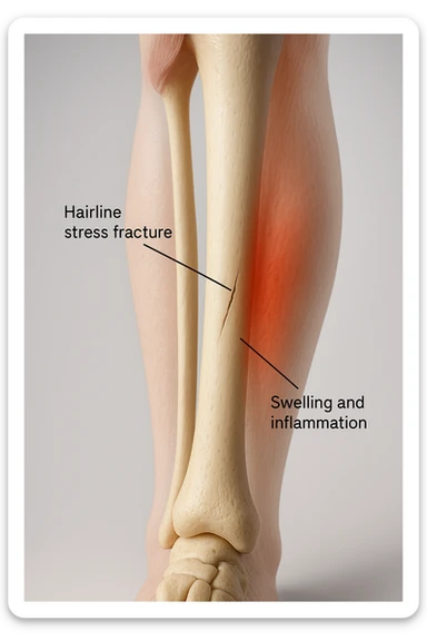 3D realistic medical illustration: a close-up of a human lower leg (tibia), showing the bone with a visible hairline stress fracture. The surrounding soft tissue is semi-transparent, highlighting mild swelling and inflammation. Educational labels point to the fracture site. The background is clean and clinical, with a subtle gradient. sticker