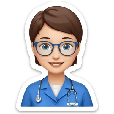 Blue eyes very short brown hair with glasses woman in care assistant blue uniform sticker