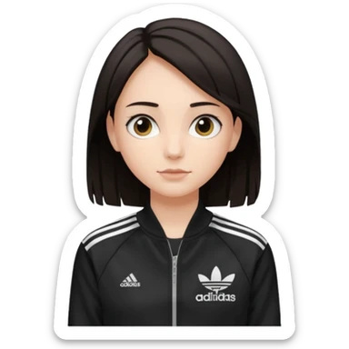 A girl with  medium-length, dark hair, fair skin. The style is a soft, layered cut that falls around her shoulders. wore black Adidas track jacket with white stripes on the sleeves. It has a full zipper down the front, a stand-up collar, and the Adidas logo on the right chest emoji sticker