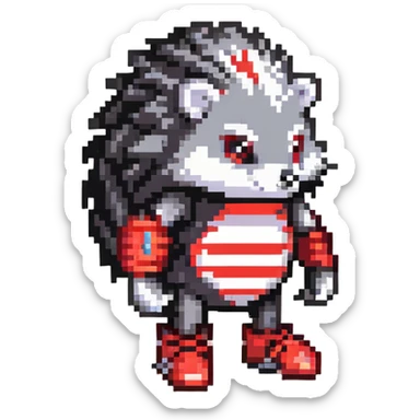 black and red hedgehog with glowing hover shoes and red stripes, standing ready for battle on metallic platforms with neon lights, dark industrial background, mysterious and edgy sticker