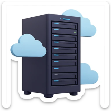 Add cloud elements around the AI server, keep the modern technology theme, maintain a clean and simple look, preserve transparent background. The style should remain clean and modern with a transparent background as in the original image. sticker