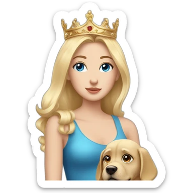 girl with blue eyes and blonde hair in a penthouse with a crown and a dog sticker