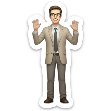 Full height Actively gesturing with hands Pale skinned fit man with dark brown hair in gray jacket, beige office shirt, brown tie, brown pants and vintage glasses. sticker