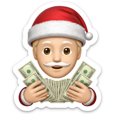 A confident rich emoji face wearing a Santa hat, money stacks, casino vibe, New Year theme, premium 3D emoji style, sharp details, no text, isolated on transparent background sticker