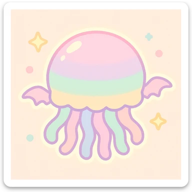 kawaii style jellyfish with no face, pastel dreamy colors, with tiny bat wings, gentle glow sticker