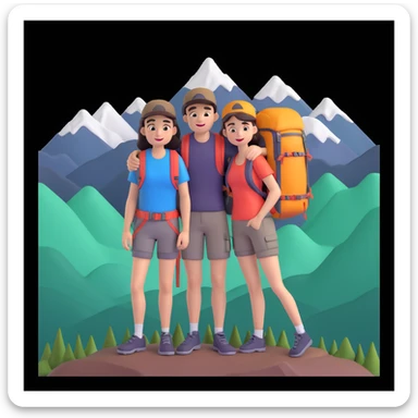 back packer couple posing, mountains in background,   close up pose sticker
