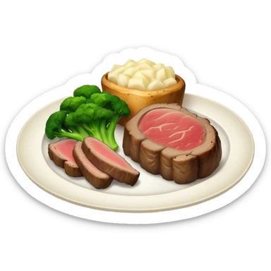 Plate of prime rib baked potato broccoli and parsnip sticker