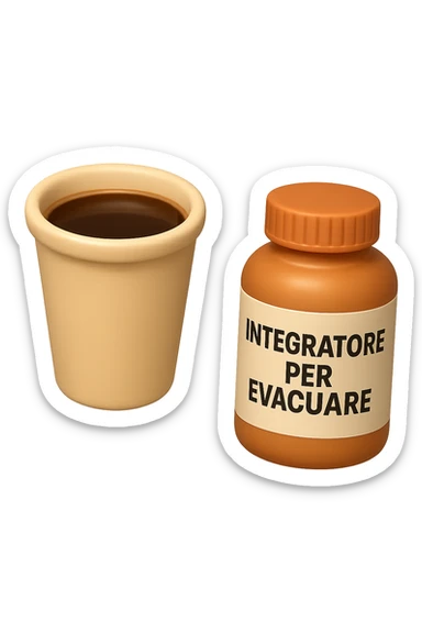 EMOJI STILE IPHONE 3D DI un caffè e di una boccetta di integratore con la scritta "INTEGRATORE PER EVACUARE" SULL'ETICHETTA CHE FLUTTUANO IN ARIA, iperrealistico 4k sticker