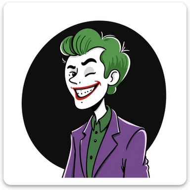 The Joker villain full body with green hair, purple suit, white face, red lips, maniacal laugh sticker