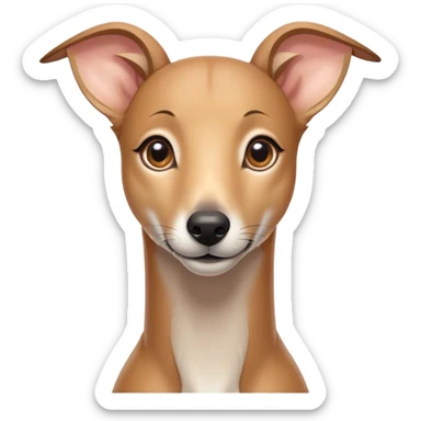 Cinematic Cute Fawn Greyhound Portrait Emoji, Head tilted playfully and inquisitively, featuring a sleek fawn Fur with a gentle sheen, round, sparkling eyes filled with curiosity, Simplified yet irresistibly adorable features, highly detailed, glowing with a warm, friendly glow, high shine, affectionate and nimble, stylized with a touch of whimsy, bright and endearing, soft glowing outline, capturing the essence of a mischievous yet loving racer, so playful it feels like it could sprint out of the screen and into your arms! sticker