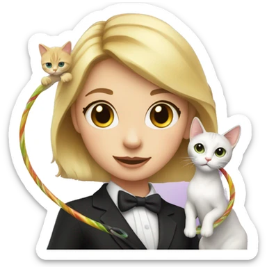 Blonde girl with hula hoop dancing with a small tuxedo cat sticker