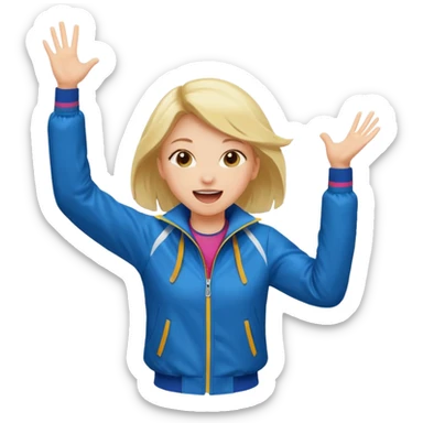 A girl in a sporty jacket, jumping slightly while cheering loudly. sticker