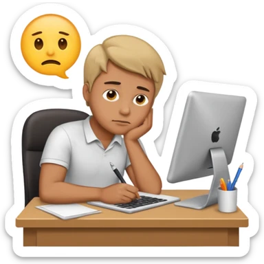 man sitting at his workplace, working hard, very tired, focused face, emoji style sticker