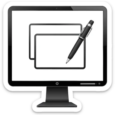 Minimalistic flat vector icon, iOS style, thin black contour on white background. Computer monitor with a pen tool icon. No text, no shadows.
 sticker